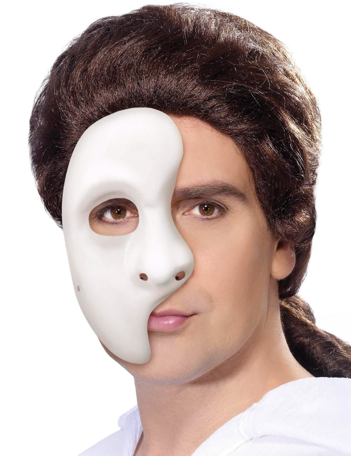 Gros plan sur le visage portant le demi-masque blanc pour adulte en plastique