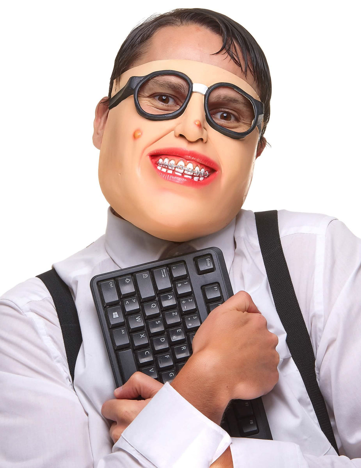 Félálarc geek latexből felnőttnek szemüvegek és fogszabályzóval