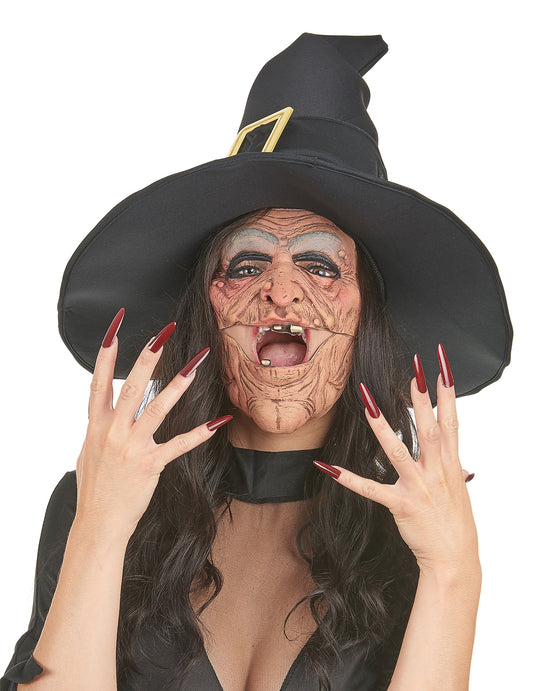 Vue de face avec chapeau du demi masque latex nez et menton sorcière pour adulte
