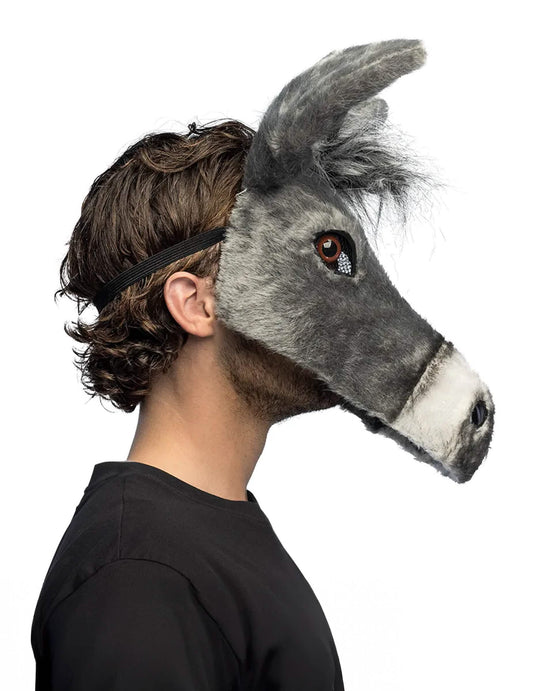 Vue de profil du demi-masque peluche âne pour adulte