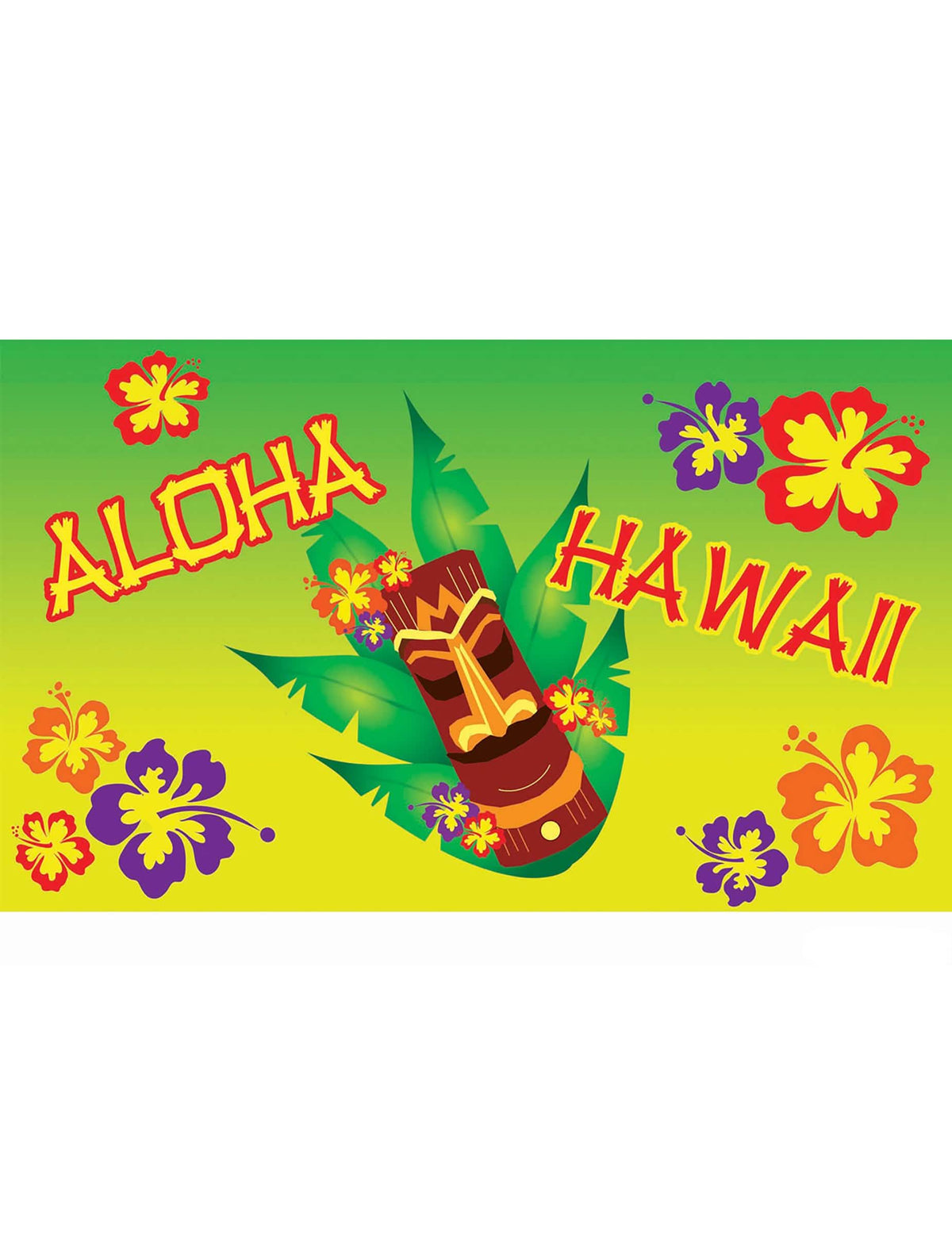 Aloha zöld és sárga falidísz Tiki-vel és hibiszkuszvirágokkal