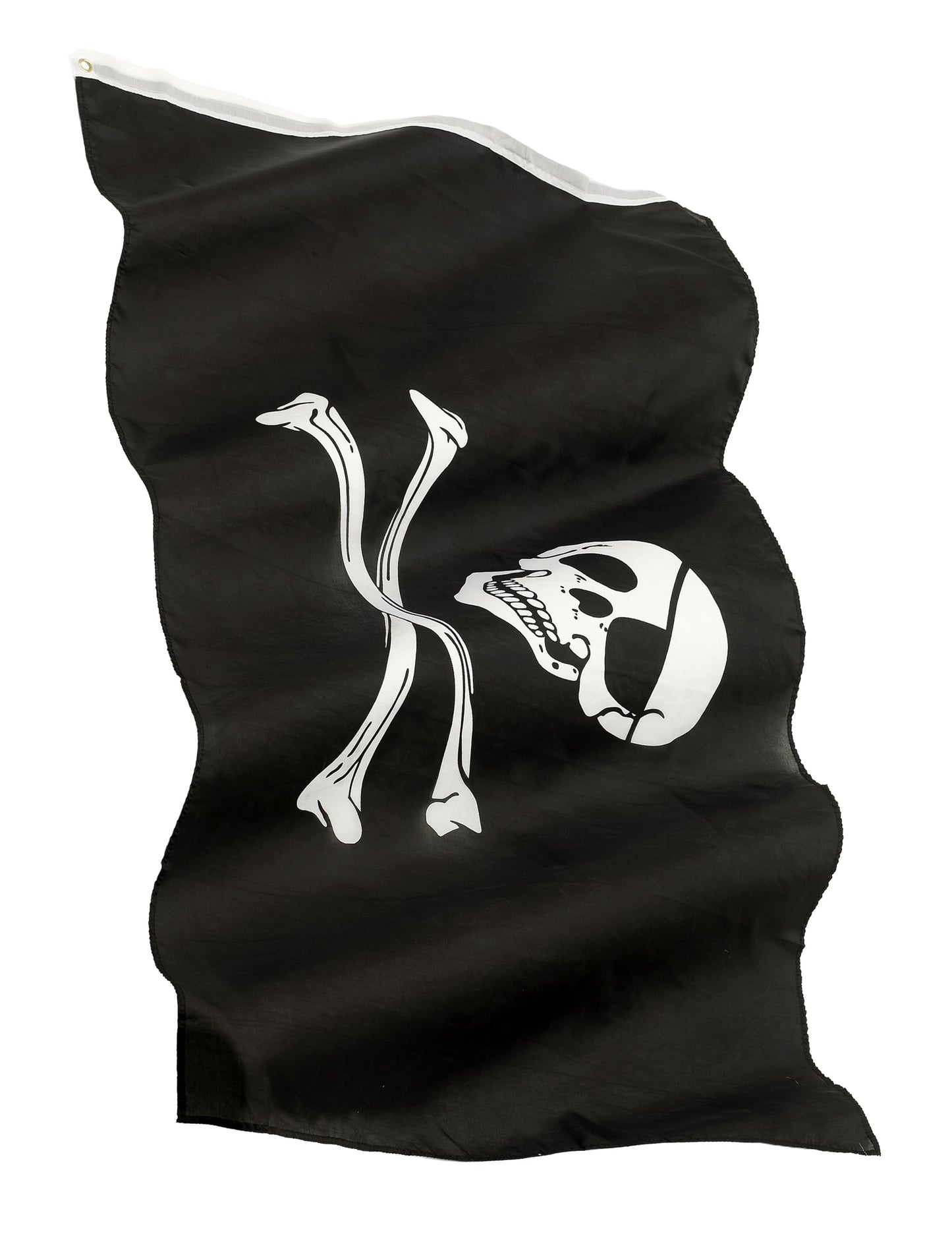 Drapeau pirate noir avec tête de mort de profil et os blancs