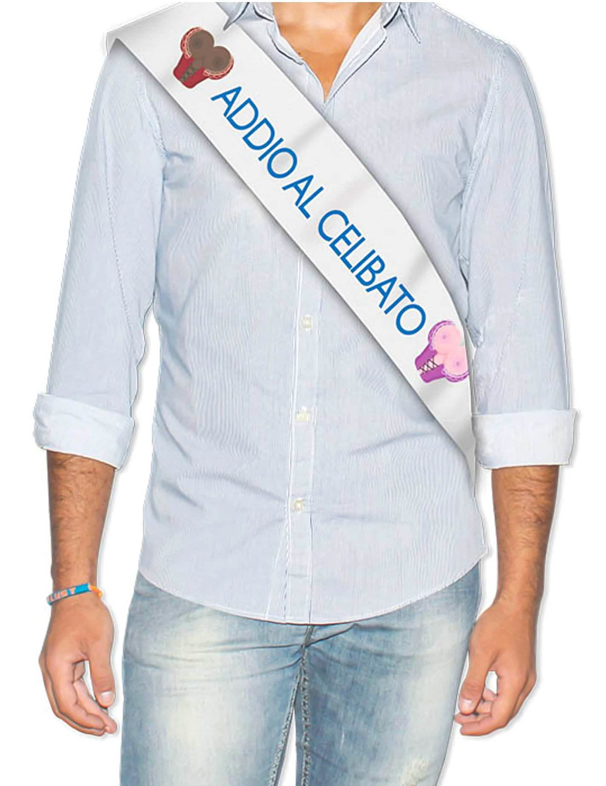 Fémnek szóló fehér és kék, humoros mintás, fémfényű legénybúcsús sál