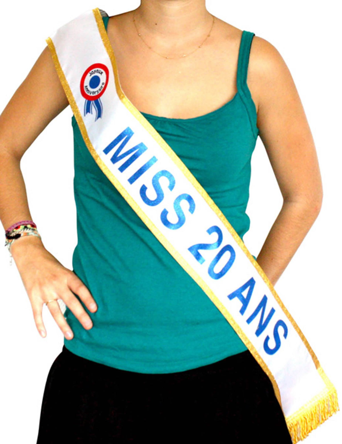 Miss 20 év sál női fehér és arany színben kék szöveggel
