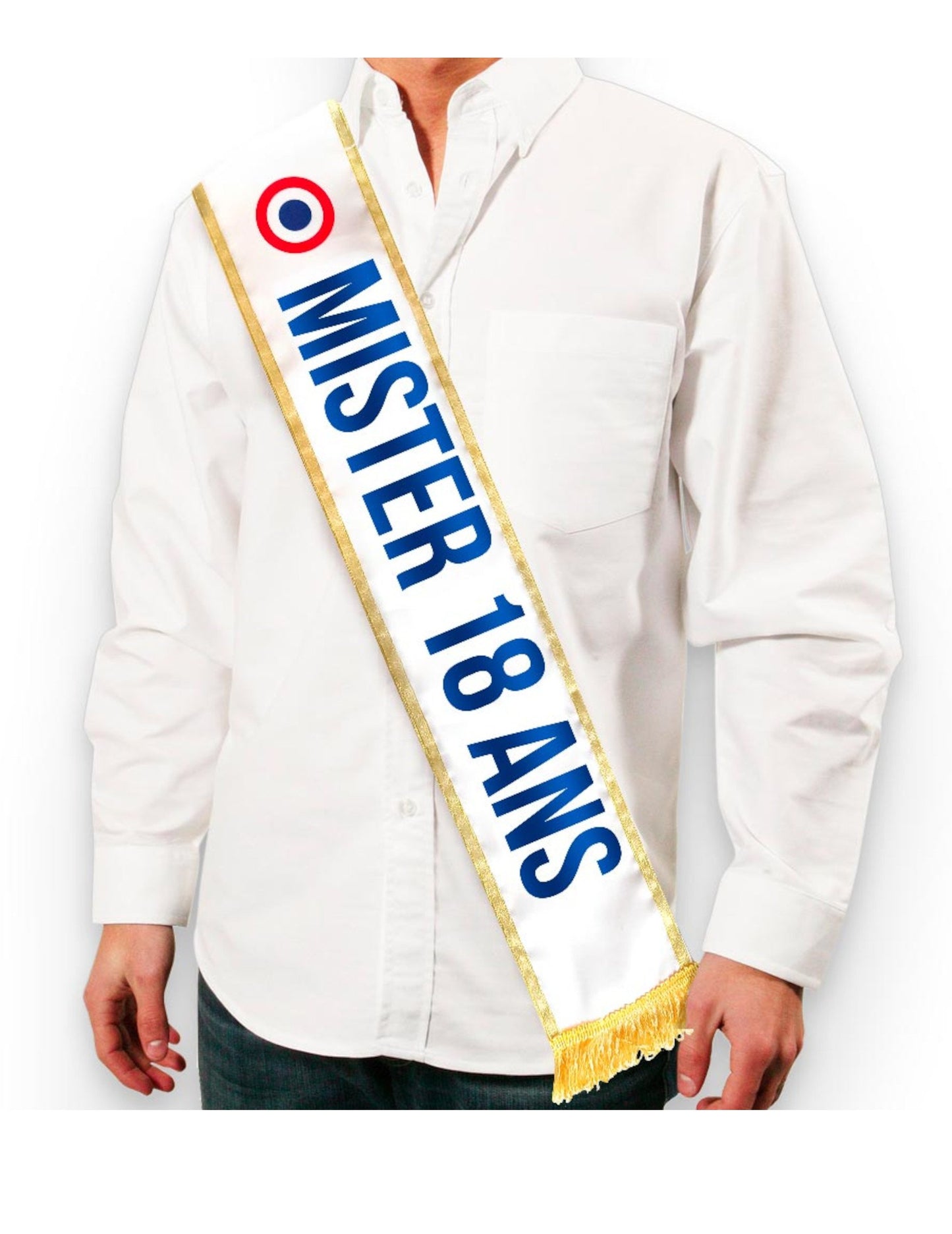 Echarpe tricolore Mister 18 ans pour homme blanche et dorée