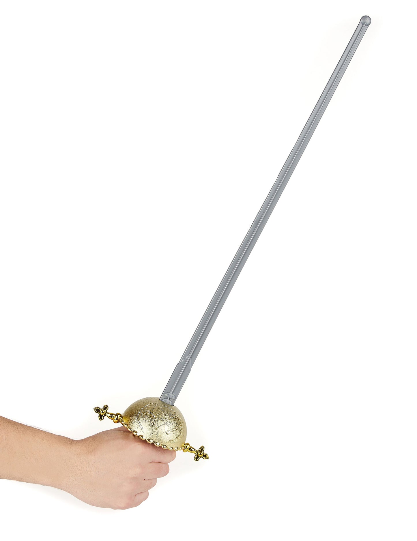 A szuperhős kard arany díszítése, amit a kézben tartanak