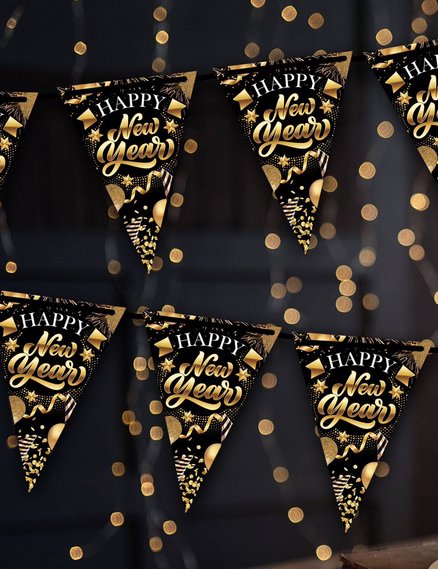 3 m-es fekete és arany Boldog Új Évet Karton Zászlófüzér