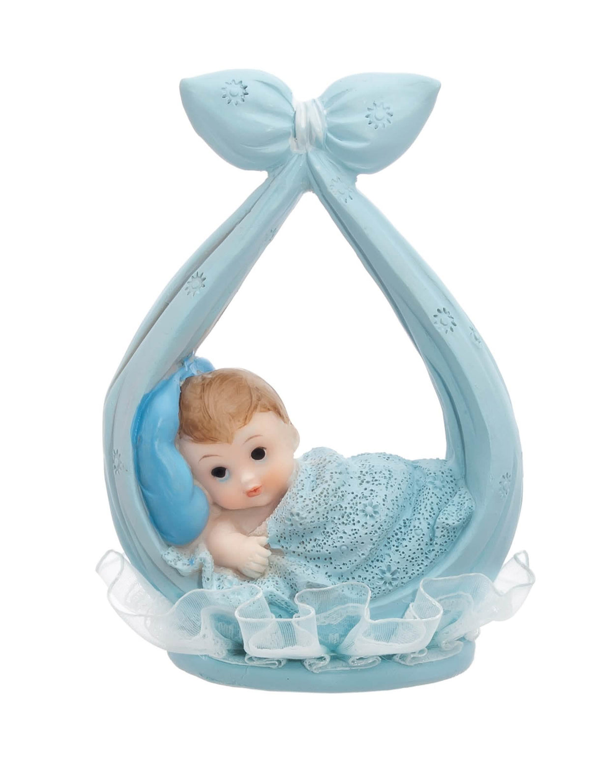 Kék keresztelői sálban lévő kisfiú figura