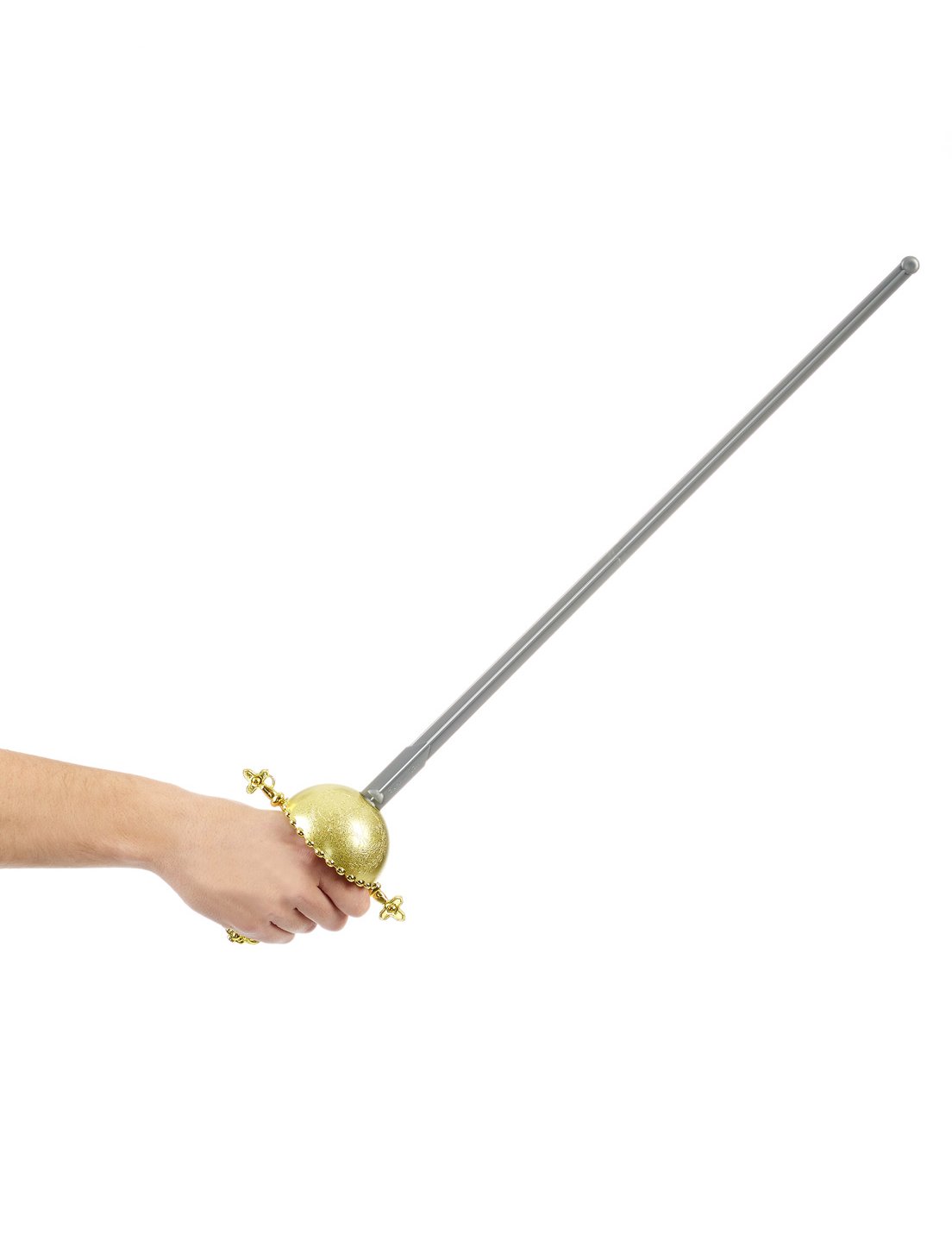 Közelkép a műanyag igazságosztó tőr arany markolatáról