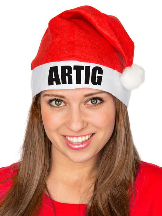 Gros plan sur l'inscription du bonnet de Père Noël humoristique ARTIG