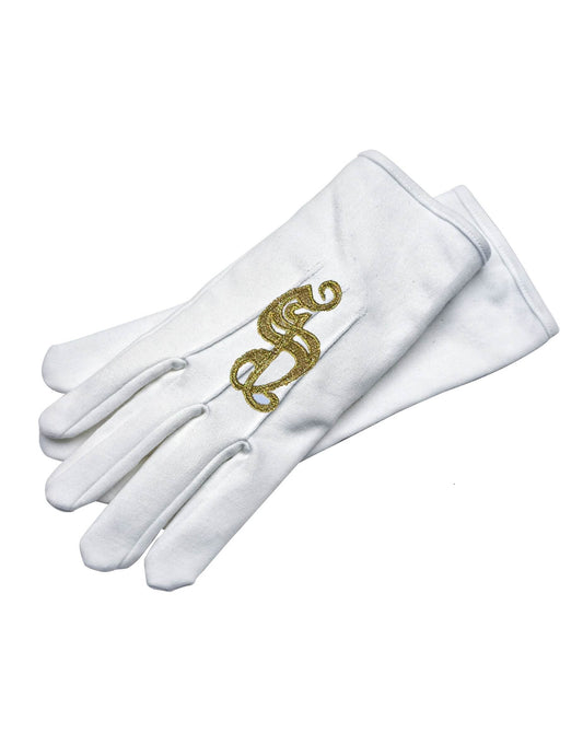 Détail de la broderie dorée des gants brodés de Saint-Nicolas luxe pour adulte