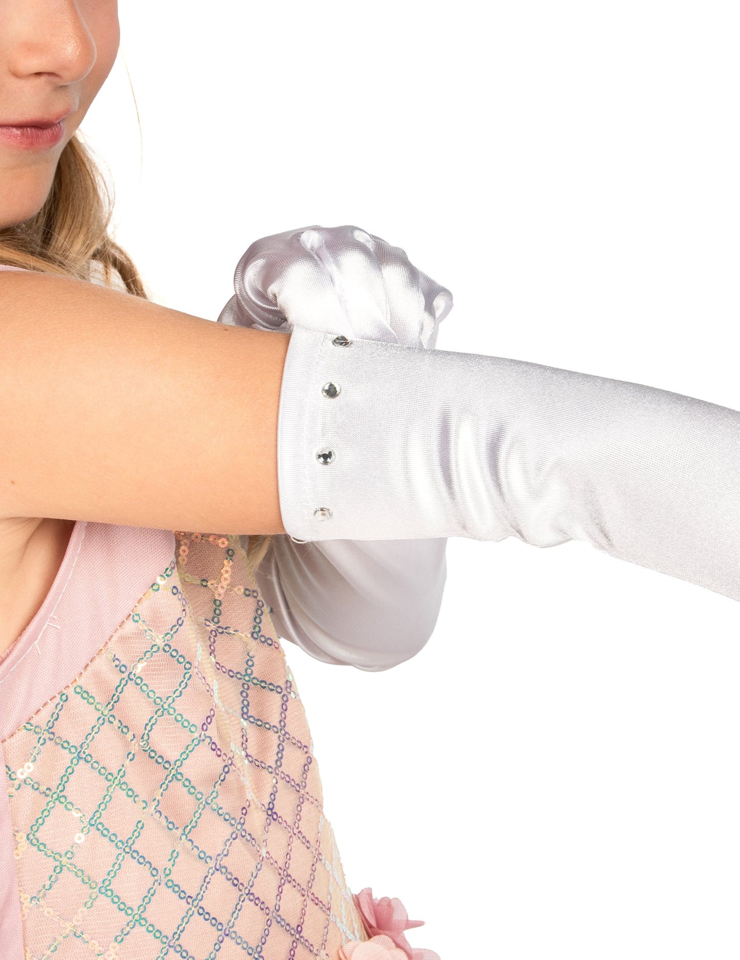 A hosszú kesztyűk gyerekeknek csuklóján található strassz részlet