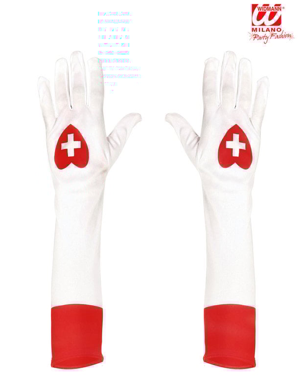 A hosszú nővér kesztyűk piros szív és piros szegély mintáinak részletei