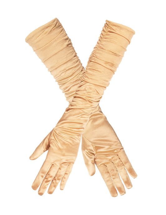 Vue des gants croisés des gants longs satinés pour femme dorés