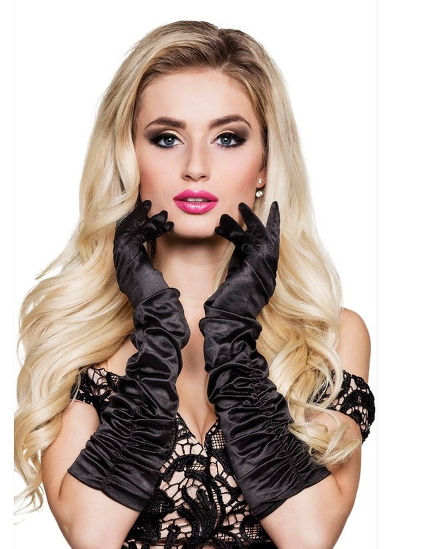 Hosszú fekete szatén kesztyű nő