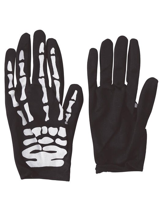 Vue de face et de dos des gants squelette pour enfant