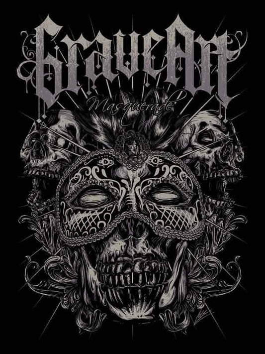 Gros plan sur le motif du T-shirt GraveArt Masquerade