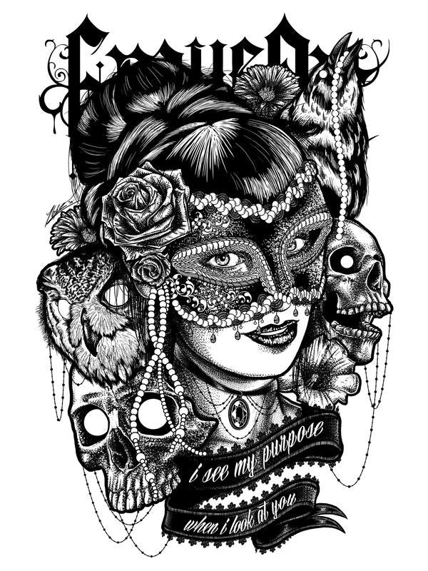 Détail de l'illustration du débardeur à motif masque gothique