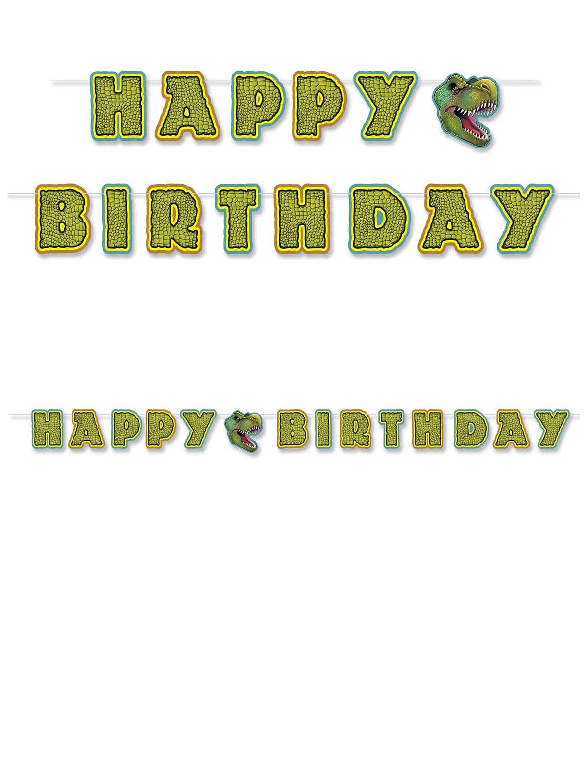 Dinoszaurusz témájú, zöld és sárga, összeszerelhető Happy Birthday girland T-Rex fejjel