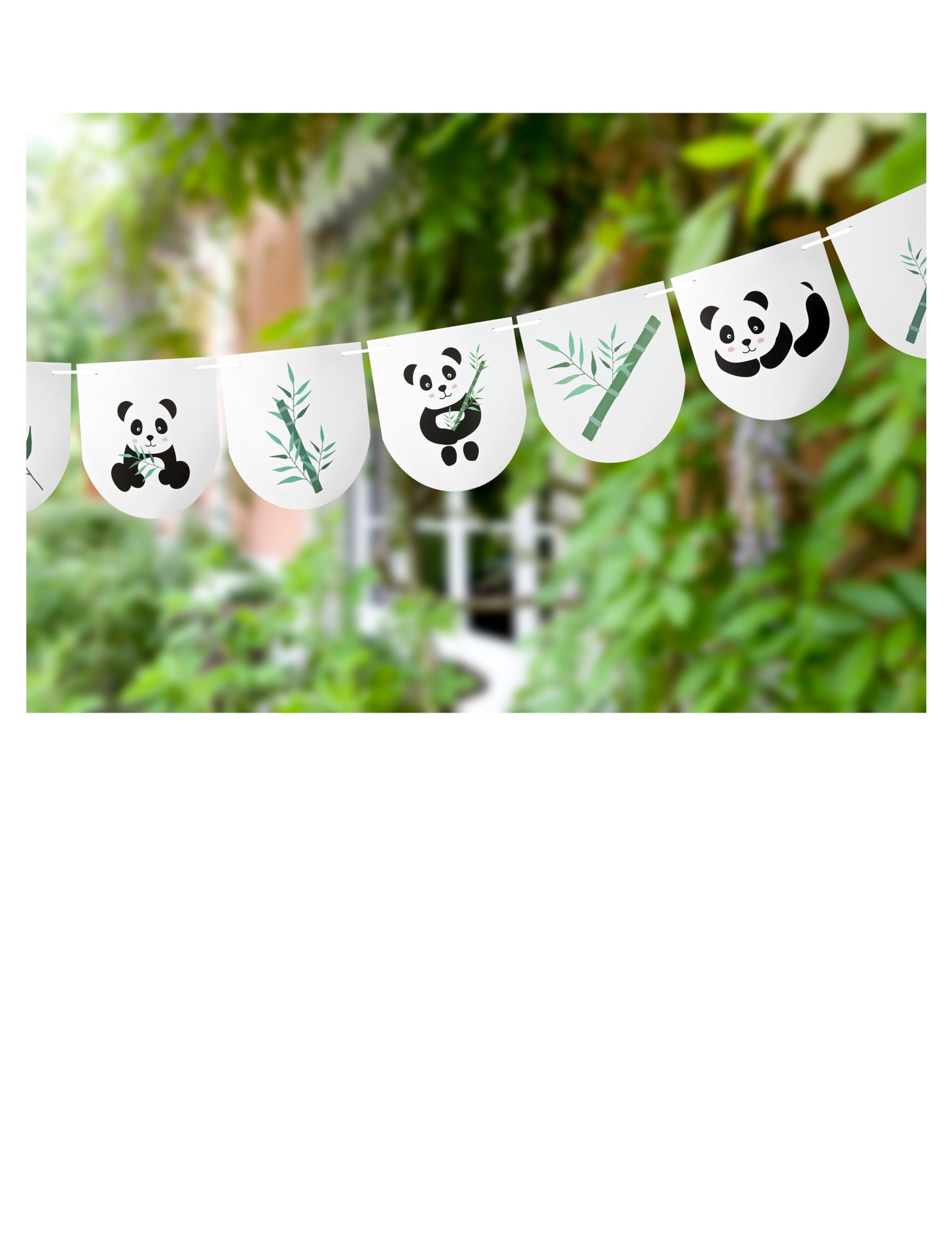 11 panda zászlóból álló girland, 3 méteres, születésnapi és bambusz