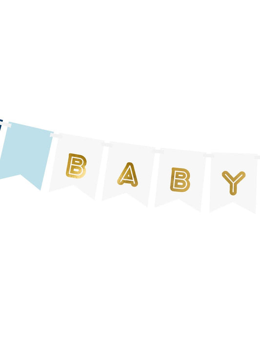 Gros plan sur l'inscription dorée BABY de la guirlande à fanions Baby Boy