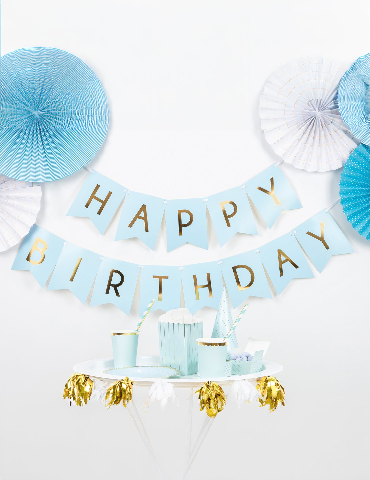 Kék és metál színű születésnapi kartonfüzér 15 x 175 cm aranysárga