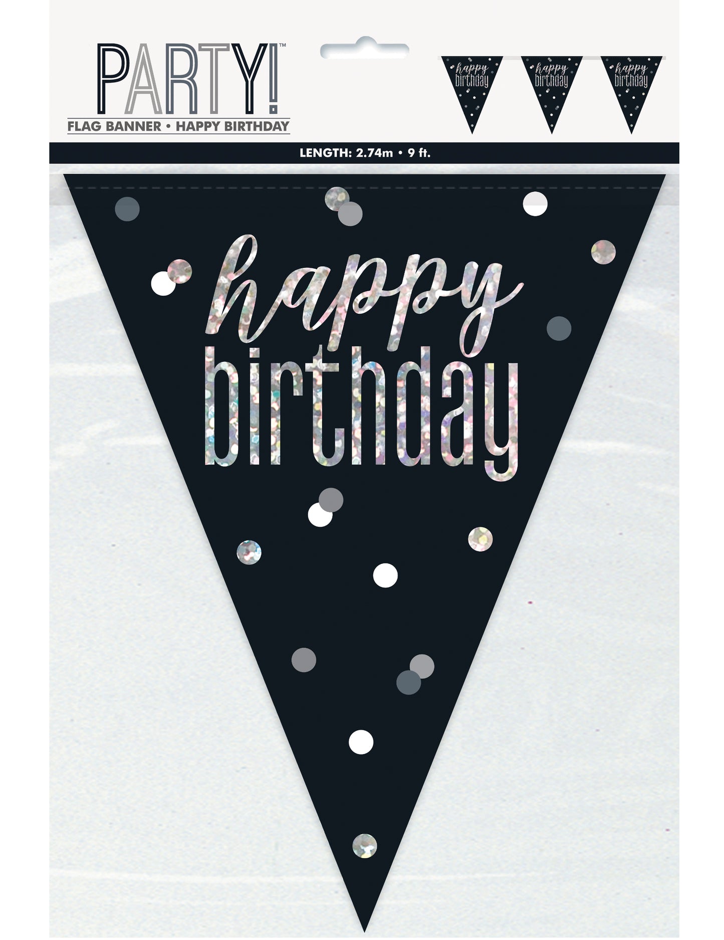 Fekete és szürke "Boldog születésnapot" műanyag girland, 2,7 m, ezüst zászlócskákkal