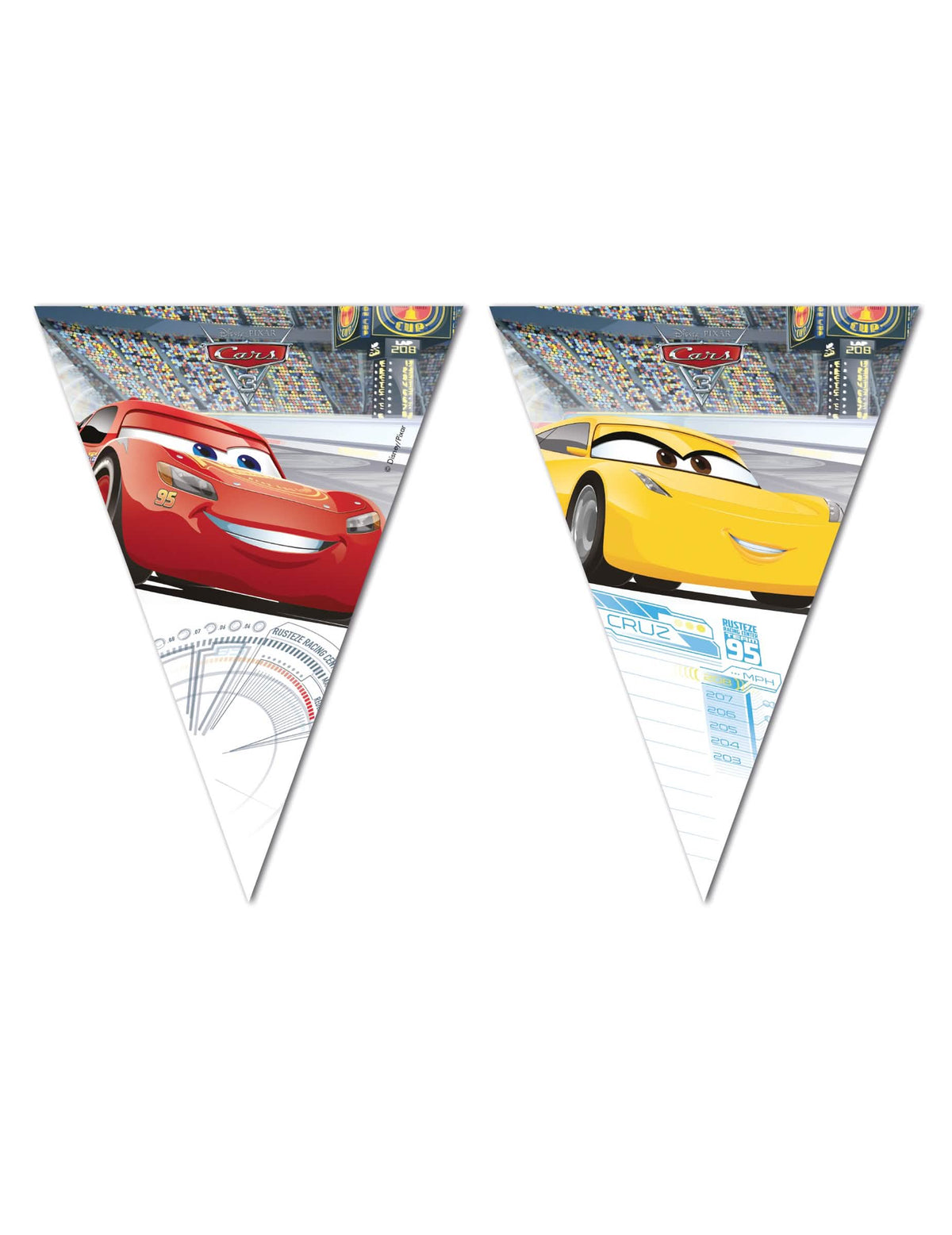 Cars 3 zászlófüzér gyermeknek piros és sárga, Flash McQueen és Cruz Ramirez szerepel rajta