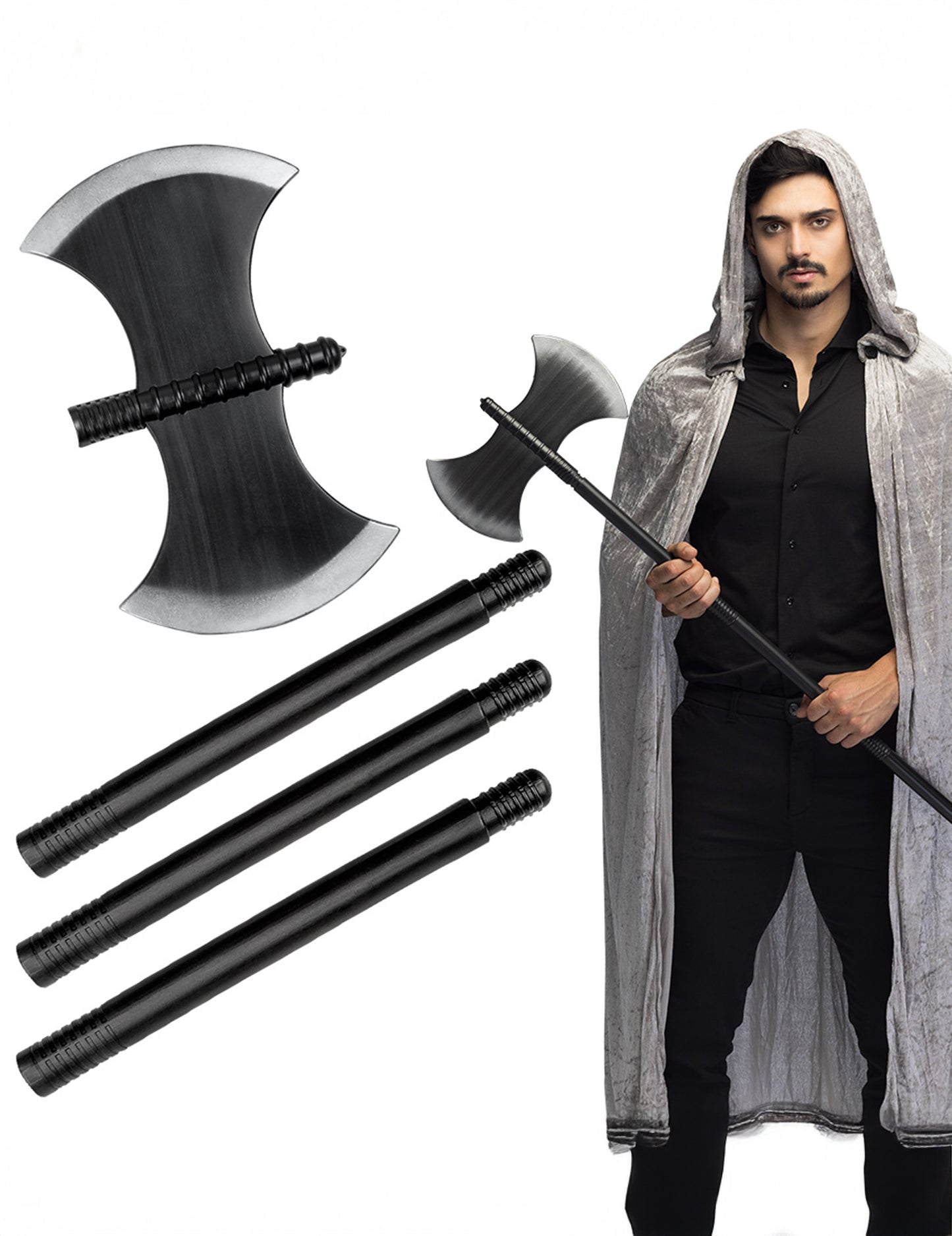 A fekete műanyag fejsze felnőtteknek szánt alkotóelemeinek részletei