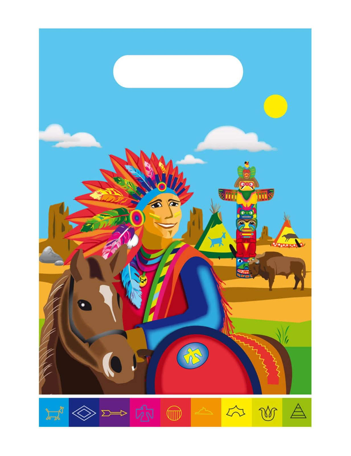 Indiános multiszínű parti zacskók gyermekeknek tipi és totem díszítéssel