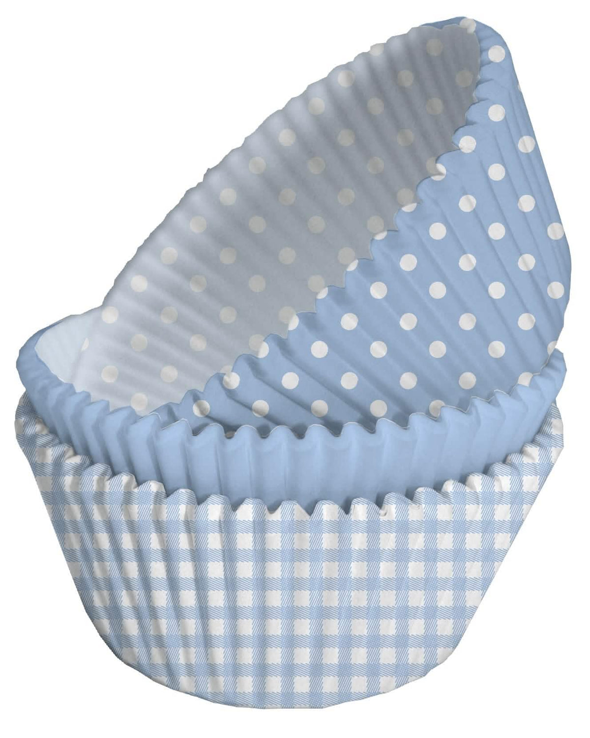 Kék, fehér pöttyös papír cupcake-formák babaváró bulihoz