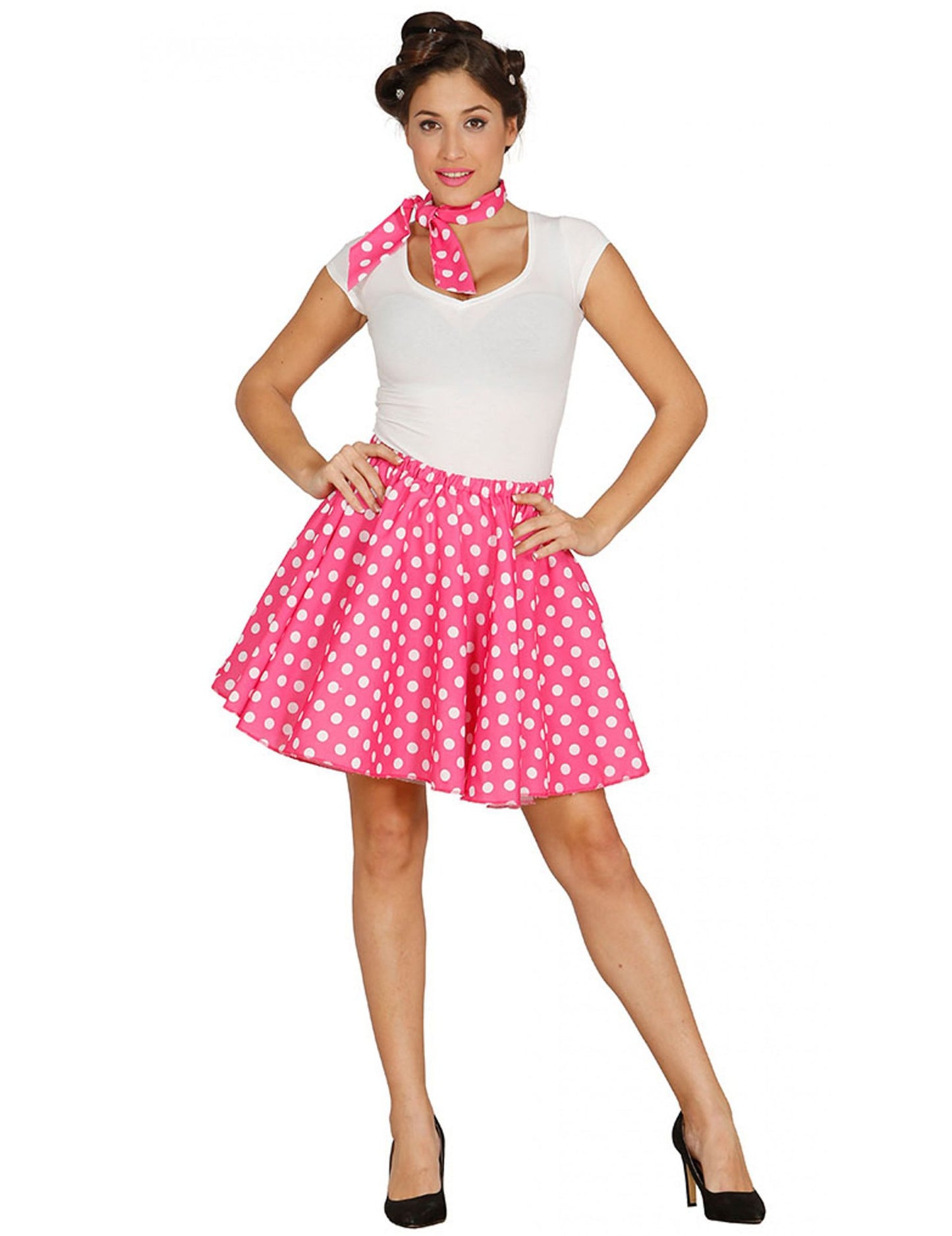 Rózsaszín rózsaszín szoknya és a nő 50 -es borsója