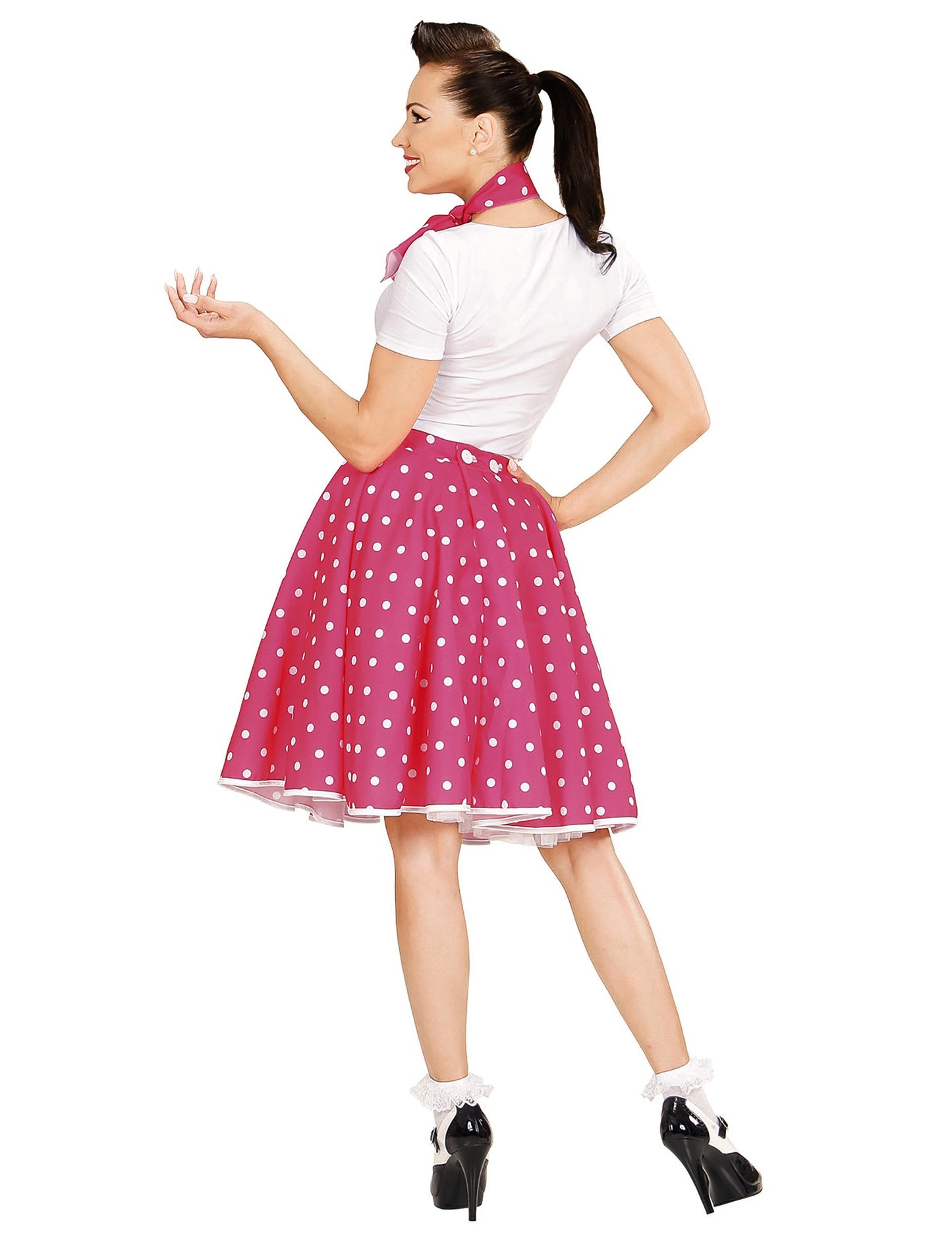 Rózsaszín rózsaszín szoknya és a nő 50 -es borsója