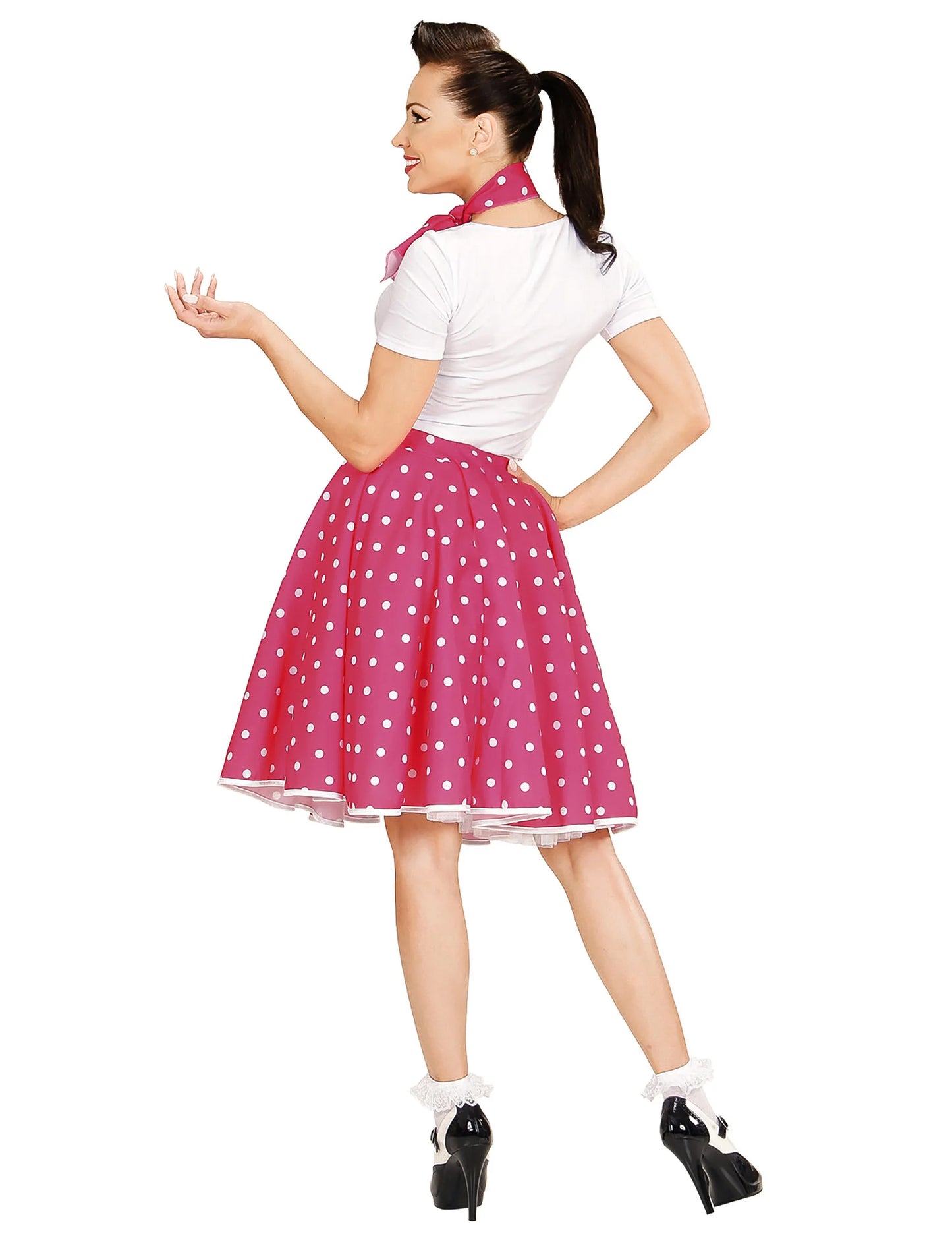 Rózsaszín rózsaszín szoknya és a nő 50 -es borsója