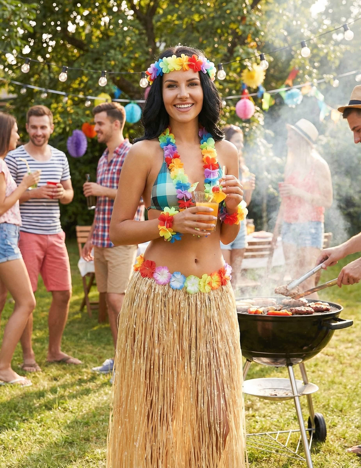 Felvétel egy felnőtt természetes hosszú hawaii szoknyás buli közben