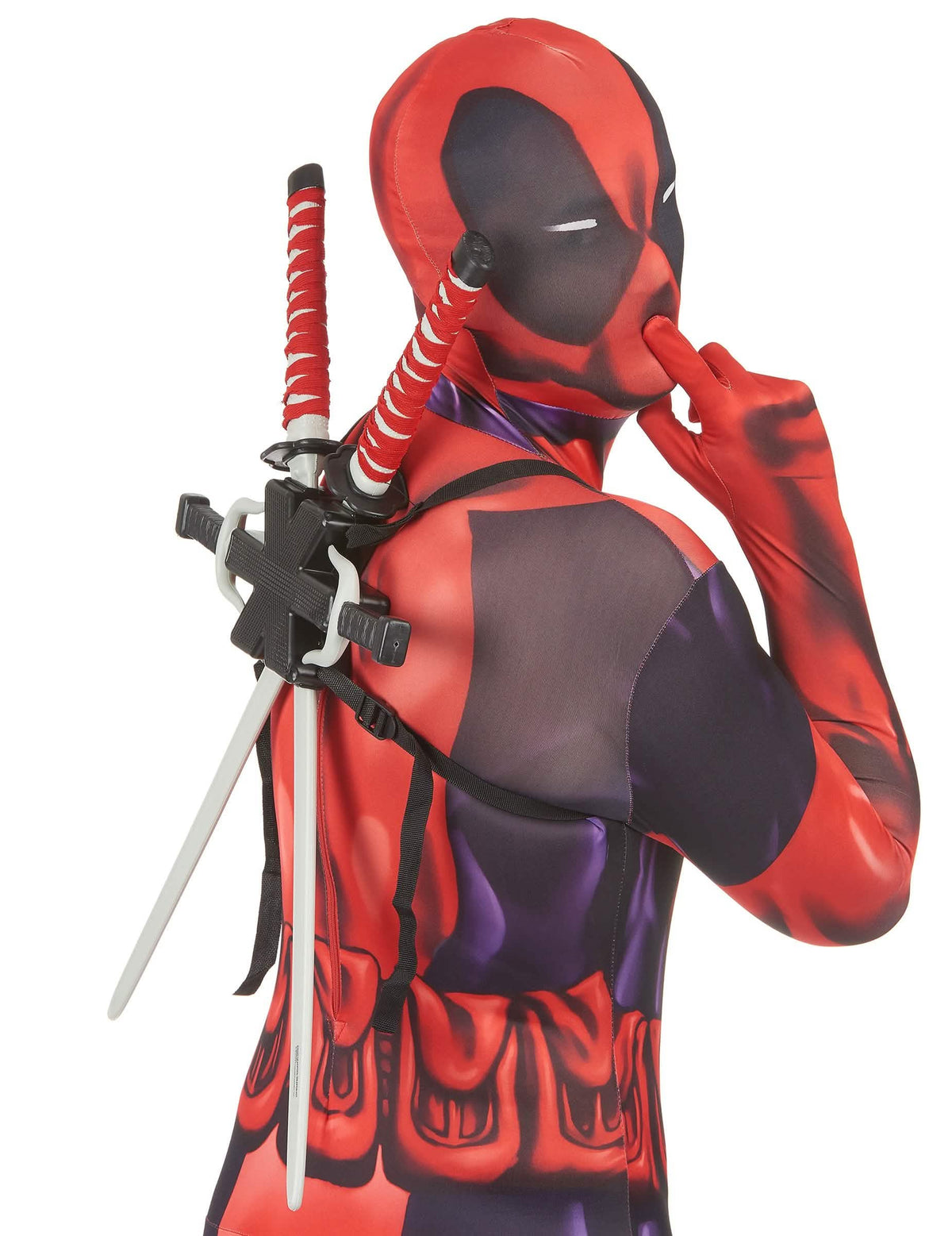 Deadpool™ kiegészítők készletének hátsó nézete a hámról és a katanákról
