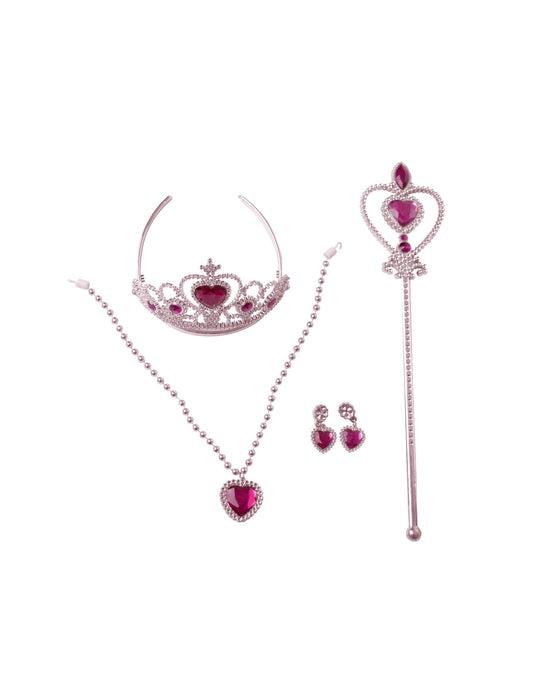 Détail de la couronne, de la baguette et des bijoux du kit accessoires princesse des rêves