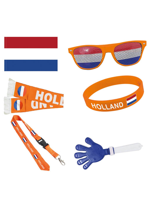 Vue d'ensemble des articles du kit 6 accessoires de supporter Pays-Bas