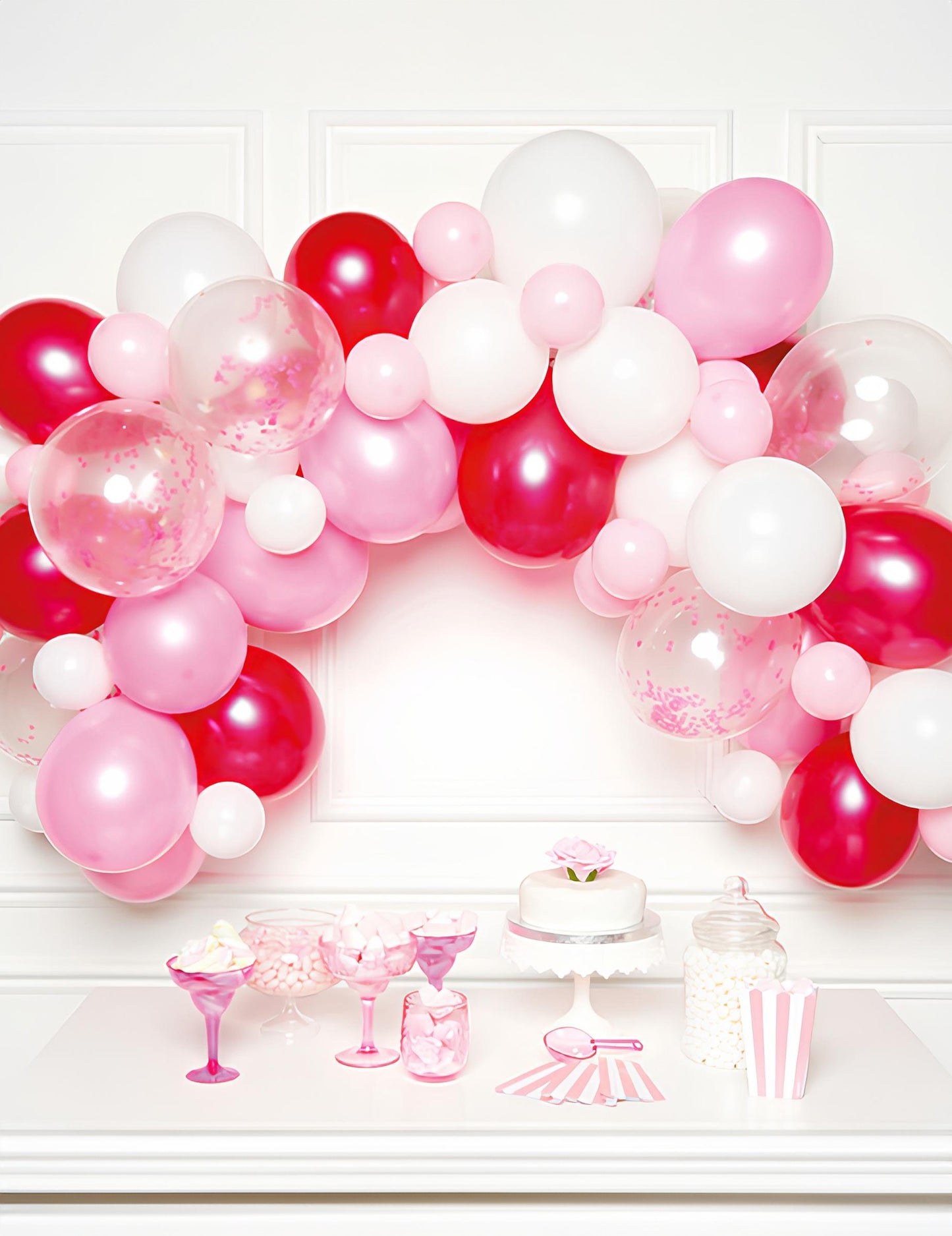 70 lufiból álló rózsaszín átmenetes ívkészlet születésnapokra és keresztelőkre