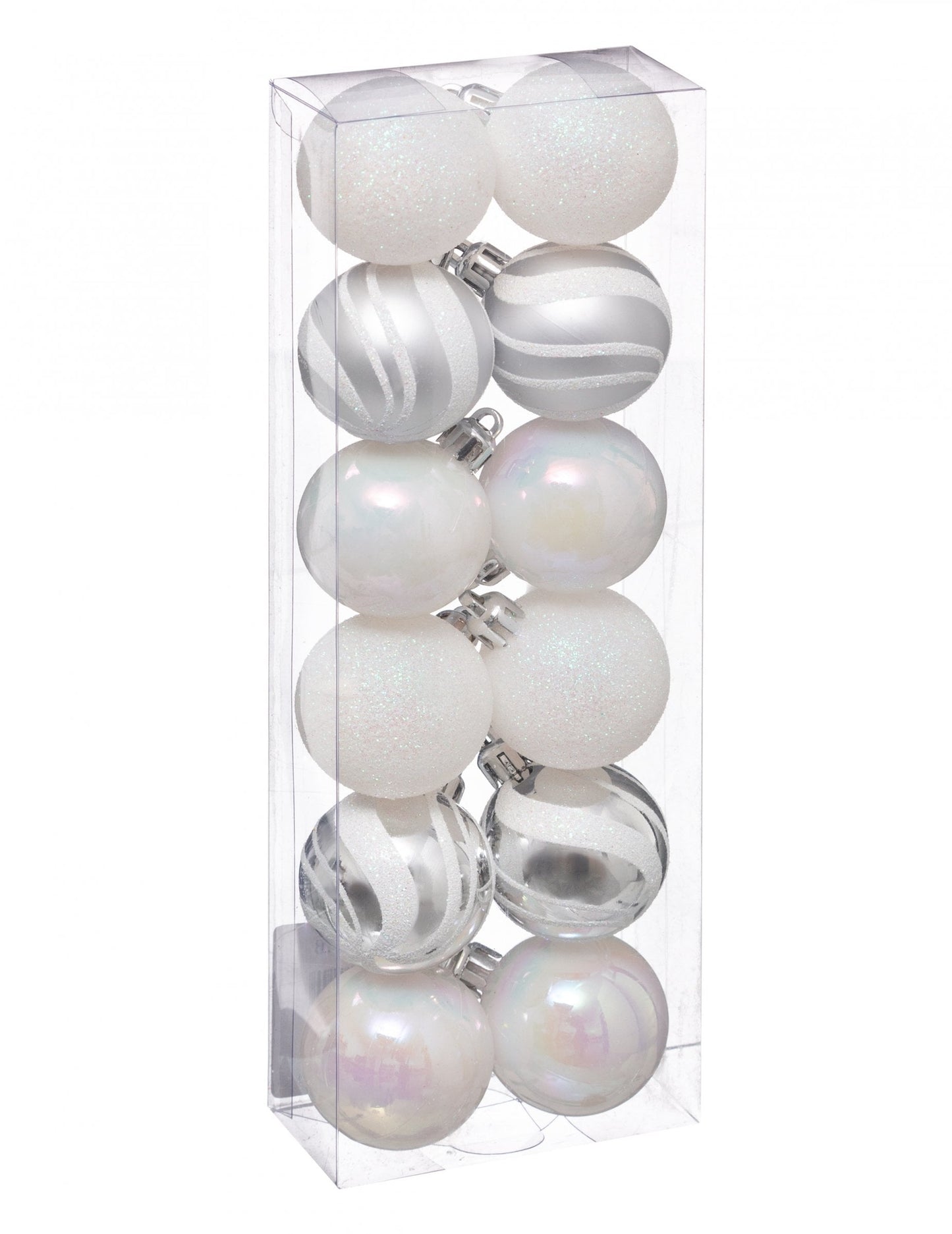 Mini boules de noël pour décoration blanches et argentées pailletées