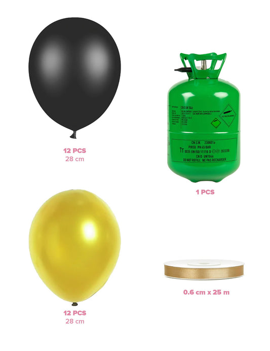 Héliumos palackos készlet 12 fekete lufival, 12 arany lufival és szalaggal