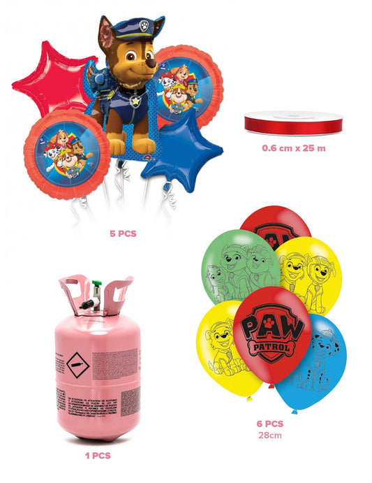 Hélium palack szett 11 Paw Patrol™ lufival és szalaggal