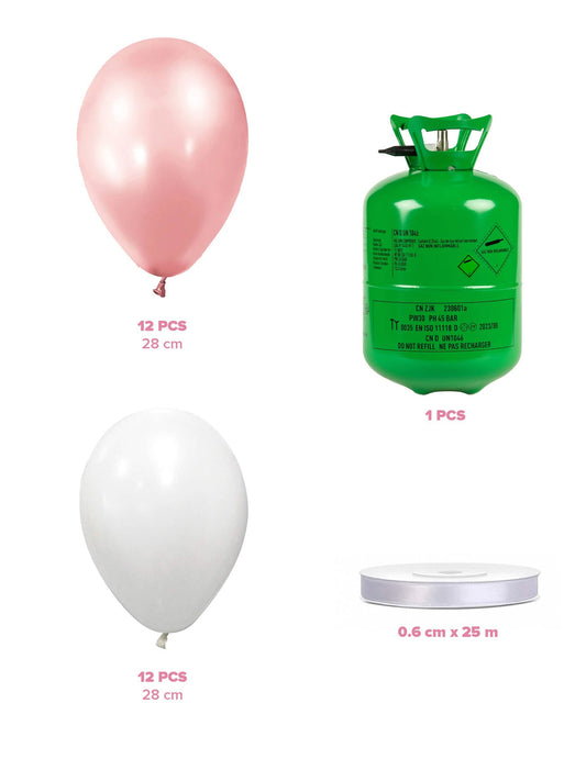 Hélium palack készlet 12 rózsaarany lufival, 12 fehér lufival és szalaggal