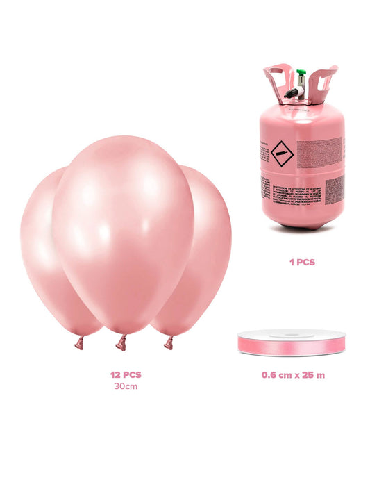 Hélium palack készlet 12 rose gold lufival és szaténszalaggal