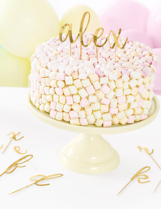 Kit cake toppers en bois 53 lettres dorées 12 cm