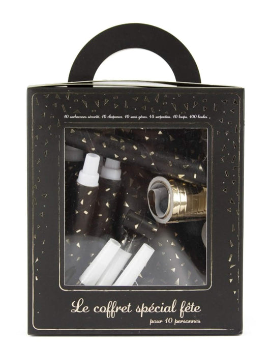 Vue de face du coffret du kit cotillons party pour 10 personnes noir et or