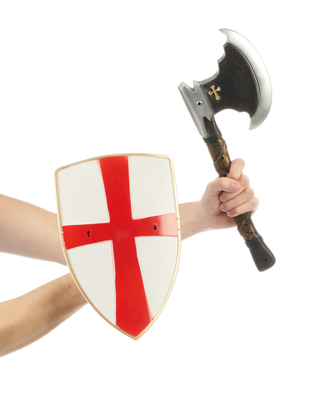 A lovagi pajzs és fejsze készlet kiegészítőinek kézből készült nézete