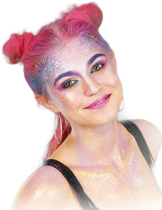 Mise en situation du kit de maquillage pailleté pour adulte bleu