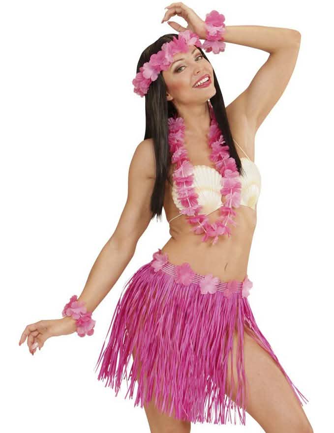 felnőtt rózsaszín hawaii szett szoknyával és virágdíszítéssel