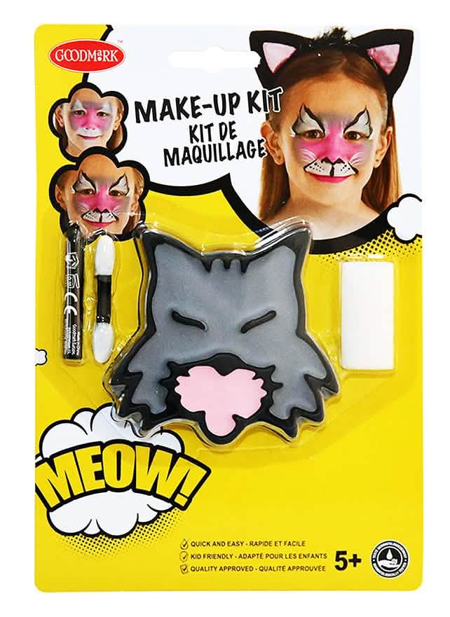 Kit maquillage petit chat pour enfant gris rose et noir avec pinceau et éponge